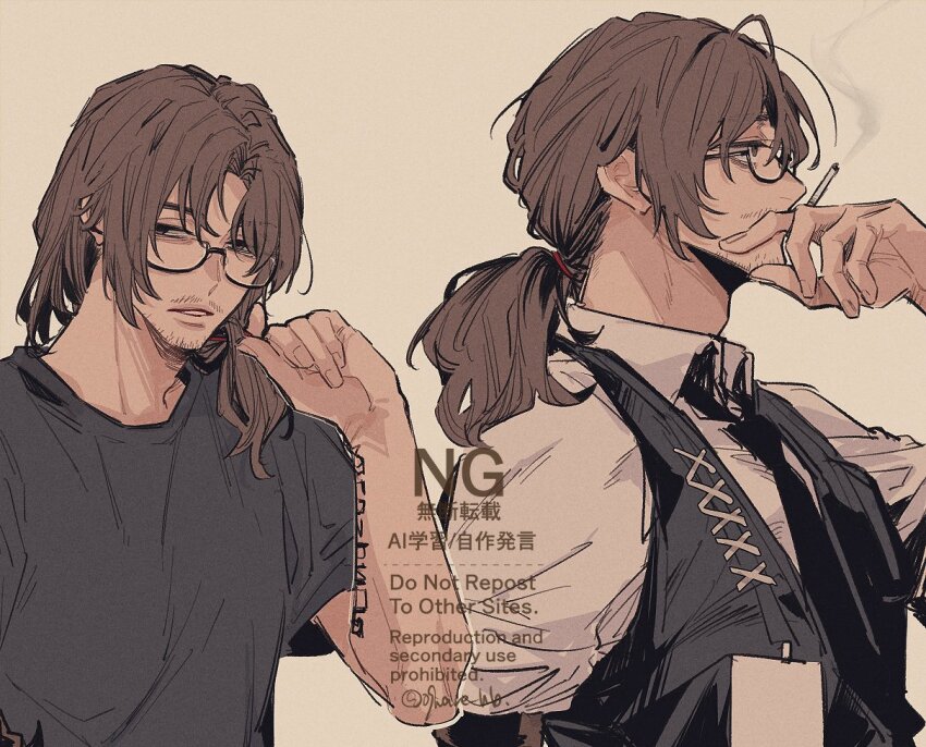 09wave_hb 1boy beard_stubble black_necktie black_shirt black_vest body_writing brown_eyes brown_hair casual collared_shirt facial_hair glasses gregor_(project_moon) limbus_company long_hair low_ponytail male_focus necktie parted_lips ponytail project_moon semi-rimless_eyewear shirt simple_background smoking stubble t-shirt twitter_username under-rim_eyewear vest watermark white_shirt