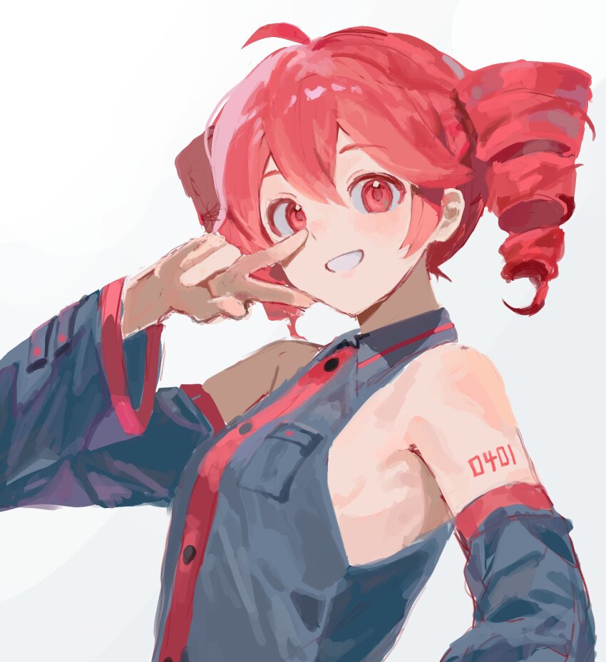 1girl ahoge armpits black_sleeves blush breast_pocket buttons collared_shirt detached_sleeves dress_shirt drill_hair grey_background grin hair_between_eyes highres kasane_teto kasane_teto_(utau) mreek number_tattoo pocket red_eyes red_hair red_tattoo shirt shoulder_tattoo simple_background sleeveless sleeveless_shirt smile solo tattoo twin_drills upper_body utau v wing_collar