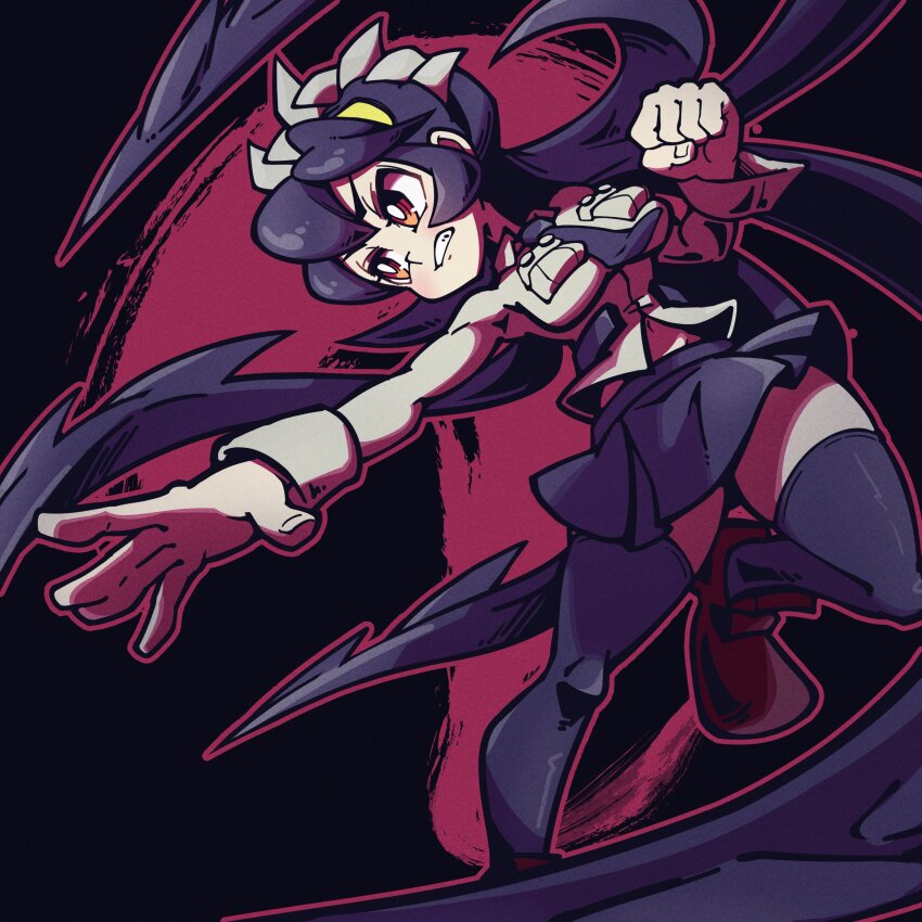 1girl absurdres black_background bright_pupils clenched_hand clenched_teeth fighting_stance filia_(skullgirls) highres necktie onozawa_(buresu21) outstretched_arm pleated_skirt red_background red_eyes school_uniform skirt skullgirls solo teeth thighhighs white_pupils