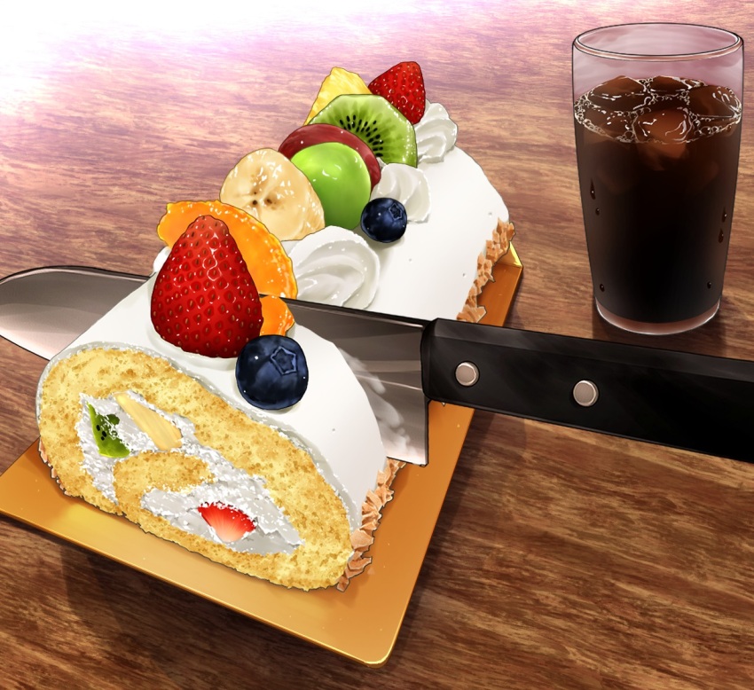 banana banana_slice blueberry cake cup drink drinking_glass food food_focus fruit ice ice_cube icing kiwi_(fruit) kiwi_slice knife no_humans ooranokohaku original still_life strawberry swiss_roll table wooden_table