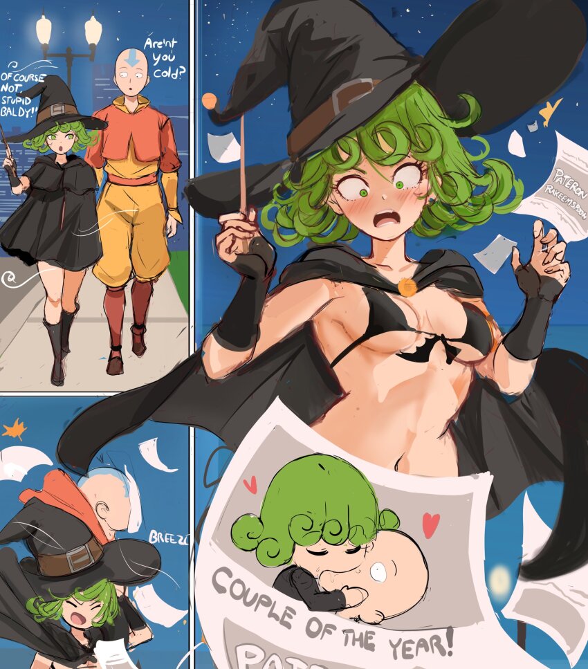 1boy 1girl aang aang_(cosplay) accidental_exposure avatar:_the_last_airbender avatar_legends bald bikini bikini_under_clothes black_bikini black_cape black_hat breasts breasts_apart cape commentary cosplay couple curly_hair english_commentary english_text flipped_hair flyer green_eyes green_hair hat highres holding holding_wand lamppost matching_hair/eyes night one-punch_man rakeemspoon saitama_(one-punch_man) short_hair sidewalk small_breasts swimsuit tatsumaki underboob walking wand wind witch_hat