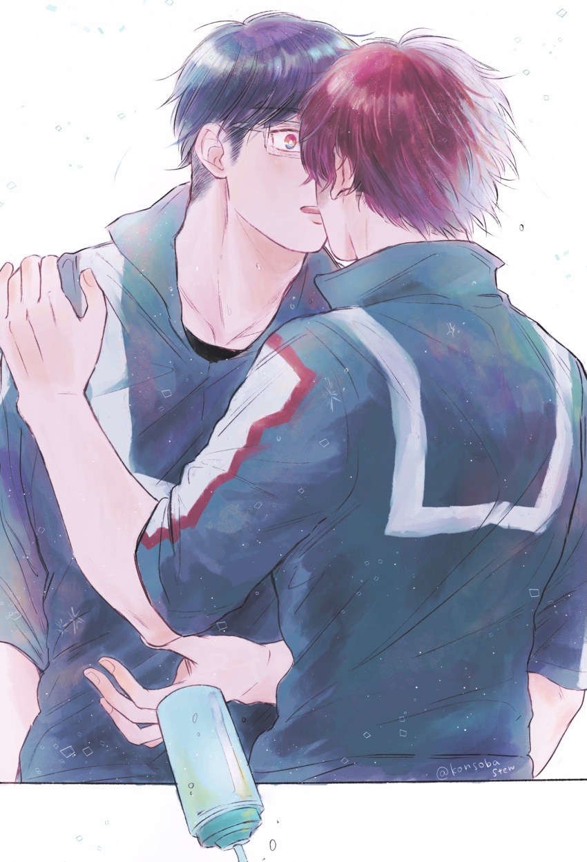 2boys adam&#039;s_apple black_hair blue_shirt boku_no_hero_academia bottle bright_pupils collarbone hand_on_another&#039;s_shoulder highres iida_tenya kiss konsobastew male_focus multicolored_hair multiple_boys open_mouth rectangular_eyewear red_eyes shirt short_hair split-color_hair surprised todoroki_shoto twitter_username water_bottle white_background white_pupils yaoi