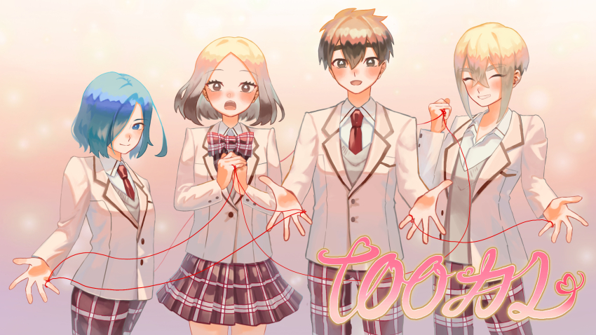 1boy 3girls ^_^ aijou_rentarou blonde_hair blue_eyes blue_hair bow bowtie brown_eyes brown_hair closed_eyes commentary crossed_bangs gradient_hair hair_between_eyes hair_over_one_eye highres jacket kimi_no_koto_ga_dai_dai_dai_dai_daisuki_na_100-nin_no_kanojo koitan long_sleeves looking_at_viewer matching_outfits meido_mai multicolored_hair multiple_girls nakaji_uto necktie open_mouth own_hands_clasped own_hands_together pants parody parted_bangs plaid_bow plaid_bowtie plaid_clothes plaid_pants plaid_skirt pleated_skirt red_necktie reverse_trap shirt skirt string string_of_fate sutou_iku title_parody white_shirt