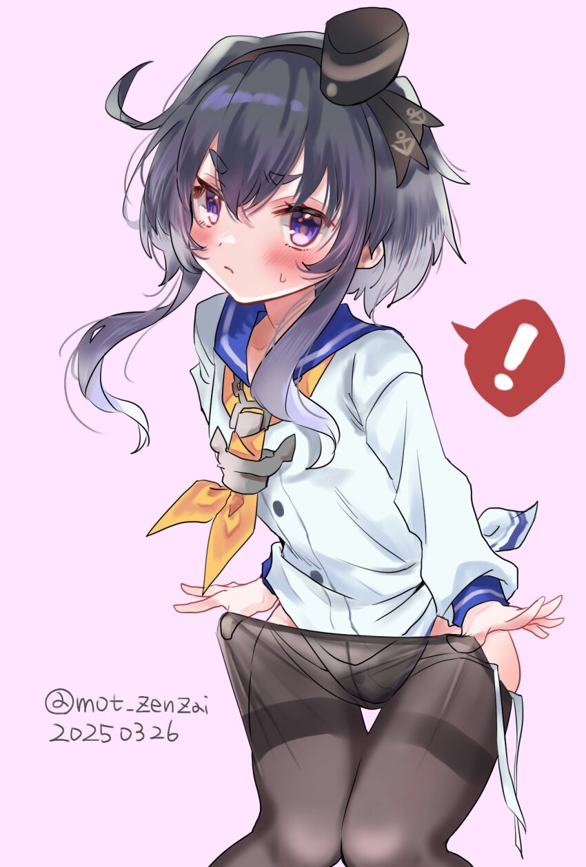 ! 1girl anchor_necklace black_eyes black_pantyhose blue_sailor_collar clothes_pull commentary_request dated dress gradient_background grey_hair hat highres jewelry kantai_collection long_shirt lowleg lowleg_pantyhose mini_hat mot_zenzai neckerchief necklace one-hour_drawing_challenge pantyhose pantyhose_pull pink_background sailor_collar sailor_dress short_hair_with_long_locks smokestack_hair_ornament solo spoken_exclamation_mark thick_eyebrows thigh_gap thighband_pantyhose tied_dress tokitsukaze_(kancolle) twitter_username yellow_neckerchief