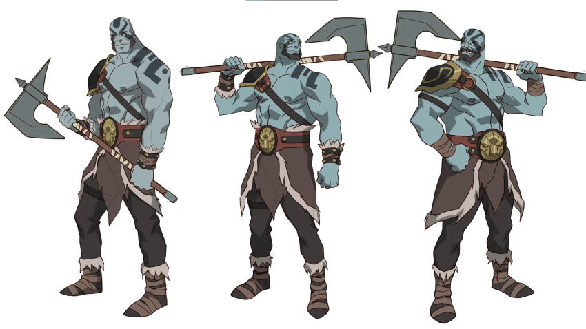 1boy abs alternate_design armor bald bara bare_pectorals beard reference_sheet chest_harness critical_role dungeons_&amp;_dragons facial_hair full_body grin grog_strongjaw harness head_tattoo highres large_pectorals male_focus multiple_views muscular muscular_male mustache mutton_chops nipples official_art pauldrons pectorals pelvic_curtain phil_bourassa shoulder_armor shoulder_tattoo single_pauldron smile standing stomach tattoo the_legend_of_vox_machina thick_eyebrows third-party_source topless_male unfinished