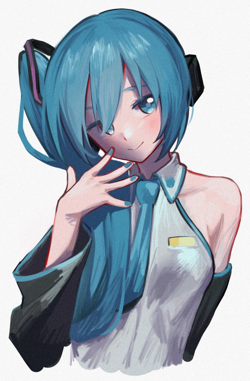 1girl bare_shoulders blush bright_pupils closed_mouth collared_shirt commentary detached_sleeves double-parted_bangs eyebrows_hidden_by_hair film_grain green_eyes green_hair green_nails green_necktie grey_shirt hair_between_eyes hand_up hatsune_miku hatsune_miku_(noodle_stopper) head_tilt highres long_hair long_sleeves looking_at_viewer nail_polish necktie outstretched_hand shirt side_ponytail simple_background sleeveless sleeveless_shirt smile solo szhr_chise upper_body very_long_hair vocaloid white_background wide_sleeves
