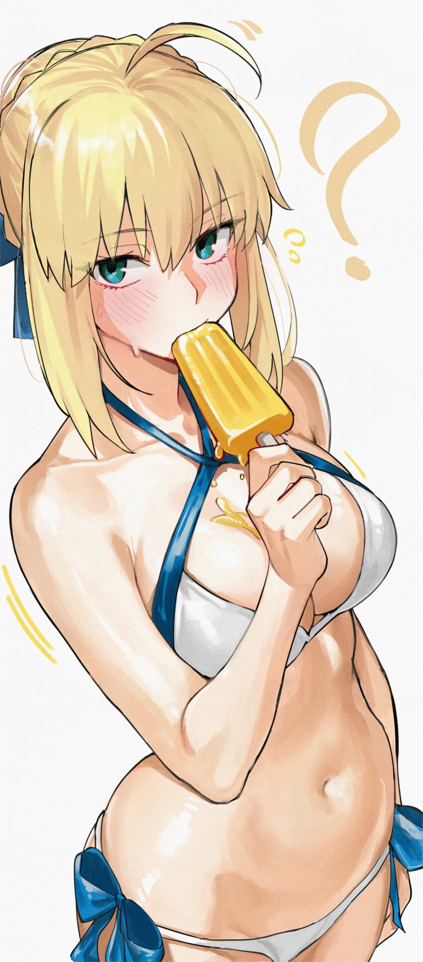 1girl ? absurdres ahoge artoria_pendragon_(fate) artoria_pendragon_(swimsuit_archer)_(fate) artoria_pendragon_(swimsuit_archer)_(first_ascension)_(fate) bikini blonde_hair blue_ribbon blush braid breasts cleavage commentary cowboy_shot fate/grand_order fate_(series) flying_sweatdrops food food_in_mouth green_eyes hair_between_eyes hair_ribbon highres holding holding_food holding_popsicle kamisato_sora looking_at_viewer medium_breasts melting_popsicle navel popsicle popsicle_in_mouth ribbon short_hair simple_background solo stomach sweat swimsuit symbol-only_commentary white_background white_bikini