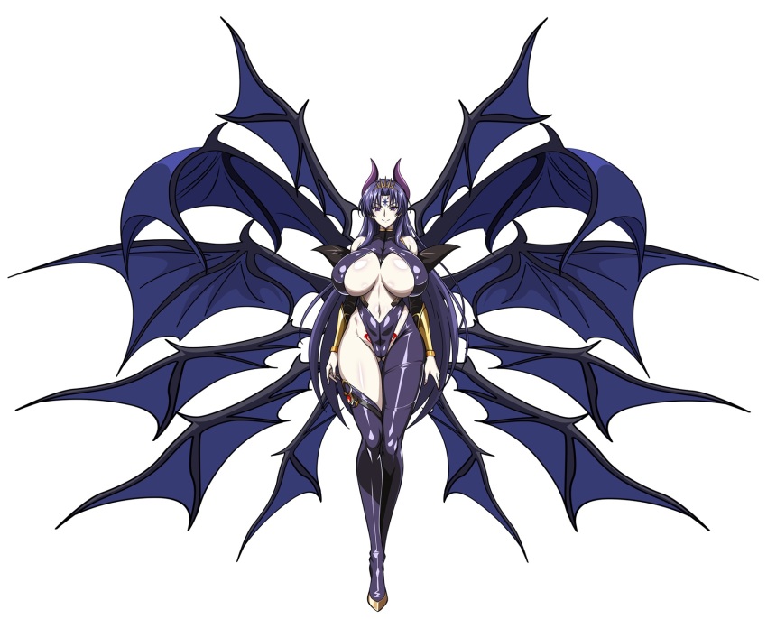 1girl bat_wings breasts character_request demon_wings full_body high_school_dxd highres horns large_breasts long_hair looking_at_viewer low_wings multiple_wings pubic_tattoo purple_eyes purple_hair purple_horns smile solo tattoo very_long_hair visor_(high_school_dxd) wings yxyyxy