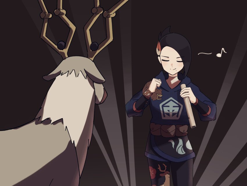 1girl black_hair black_leggings black_skirt blue_jacket bracelet brown_bag clenched_hand closed_eyes closed_mouth commentary_request creatures_(company) dancing flute game_freak hair_ornament highres holding holding_flute holding_instrument hood hood_down instrument jacket jewelry leggings mai_(pokemon) meme mole mole_under_mouth musical_note nintendo pokemon pokemon_(creature) pokemon_legends:_arceus shikairo_days_dance_(meme) short_hair skirt smile umebosi_nigame wyrdeer