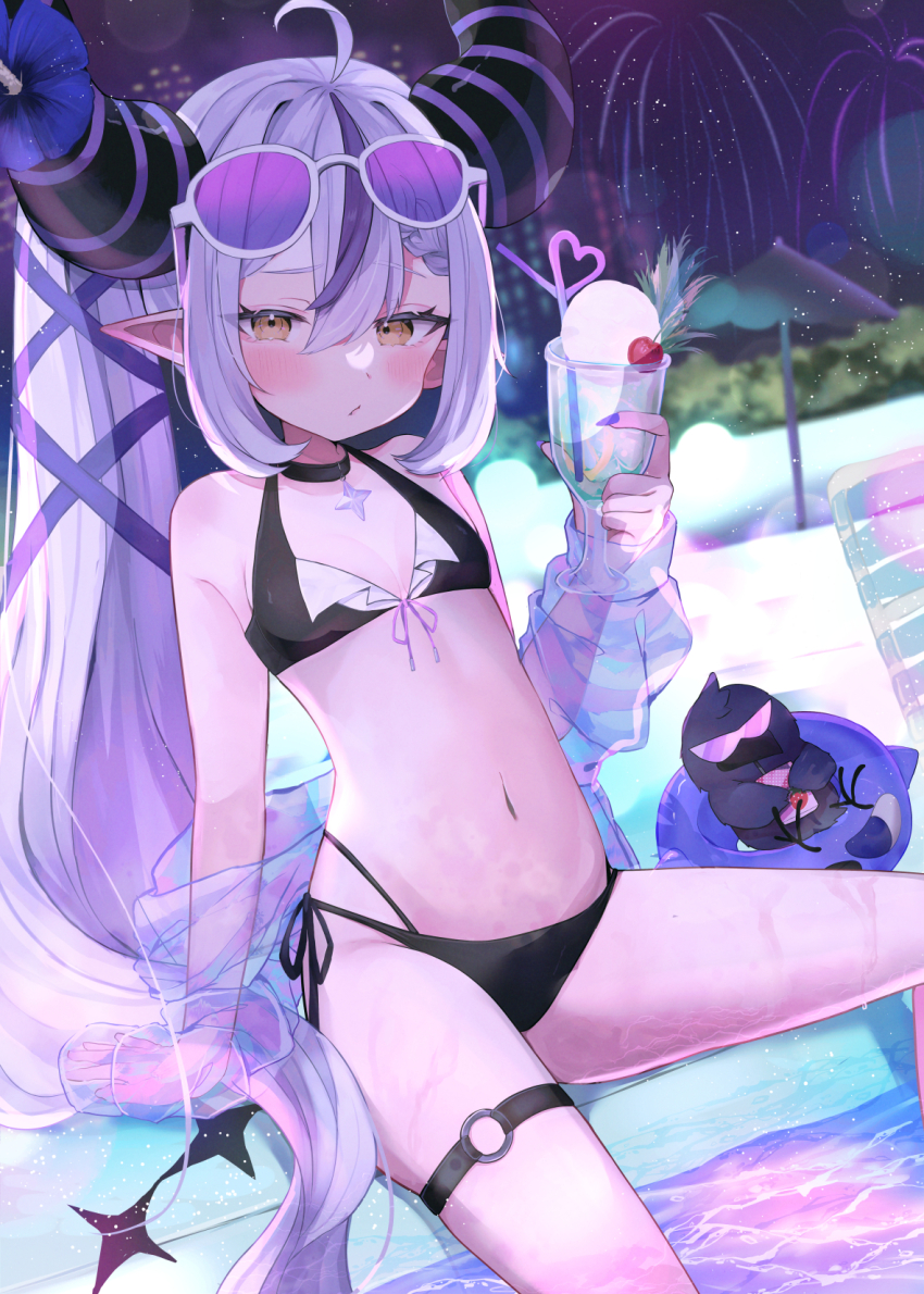 1girl alternate_costume bikini black_bikini black_choker black_horns braid braided_bangs cherry choker commentary_request crazy_straw crow_(la+_darknesss) cup drinking_glass drinking_straw eyewear_on_head food fruit grey_hair heart_straw highres holding holding_cup hololive horns innertube la+_darknesss long_hair looking_at_viewer multicolored_hair nail_polish navel nemuta_muu night night_sky o-ring o-ring_thigh_strap pointy_ears ponytail pool poolside purple_hair see-through_clothes see-through_shirt shirt side-tie_bikini_bottom sky solo streaked_hair striped_horns swim_ring swimsuit thigh_strap umbrella virtual_youtuber yellow_eyes