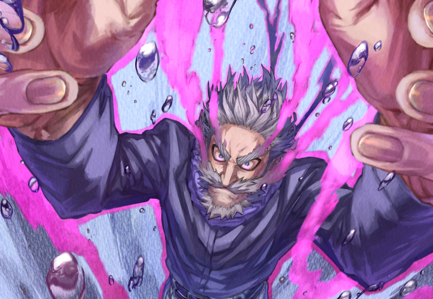 1boy absurdres arms_up aura beard black_jacket blue_eyes boku_no_hero_academia cape facial_hair foreshortening gentle_criminal grey_hair highres jacket long_sleeves male_focus mustache purple_cape scarf thick_eyebrows upper_body water_drop yomoyama_yotabanashi