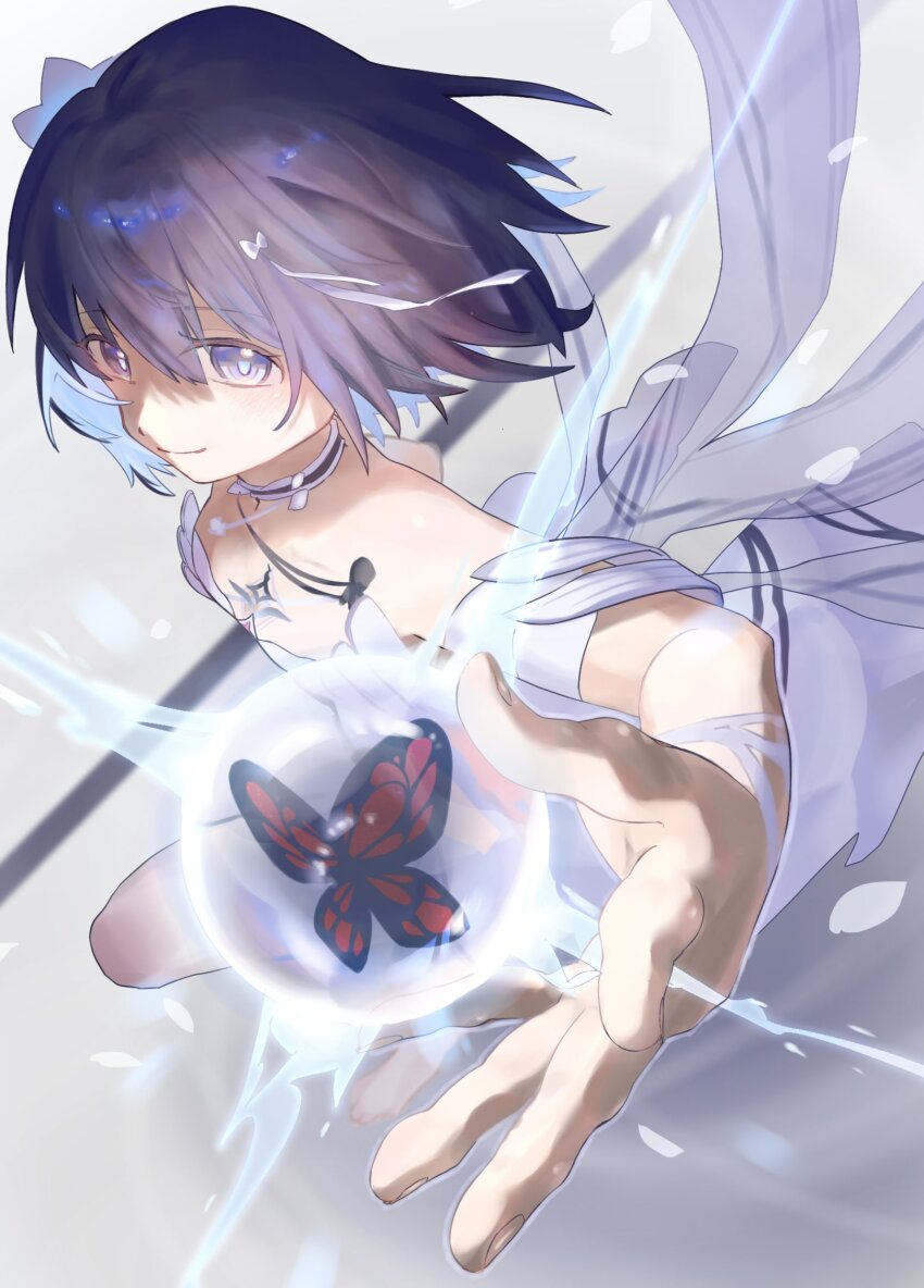 1girl alternate_hair_length alternate_hairstyle blue_eyes blue_hair bob_cut bug butterfly closed_mouth dress duoyun_de_tiankong highres holding holding_scythe holding_weapon honkai_(series) honkai_impact_3rd insect looking_at_viewer red_butterfly scythe seele_vollerei seele_vollerei_(herrscher_of_rebirth) short_hair smile solo weapon white_dress