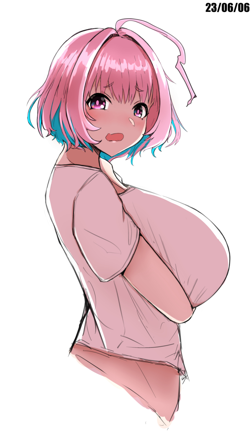 1girl ahoge aqua_hair arm_under_breasts blush bob_cut breasts colored_inner_hair cropped_torso dated fang from_side furrowed_brow hair_intakes highres huge_breasts idolmaster idolmaster_cinderella_girls idolmaster_cinderella_girls_starlight_stage koitusmile looking_at_viewer multicolored_hair open_mouth pink_eyes pink_hair shirt short_sleeves simple_background skin_fang solo t-shirt two-tone_hair white_background white_shirt yumemi_riamu