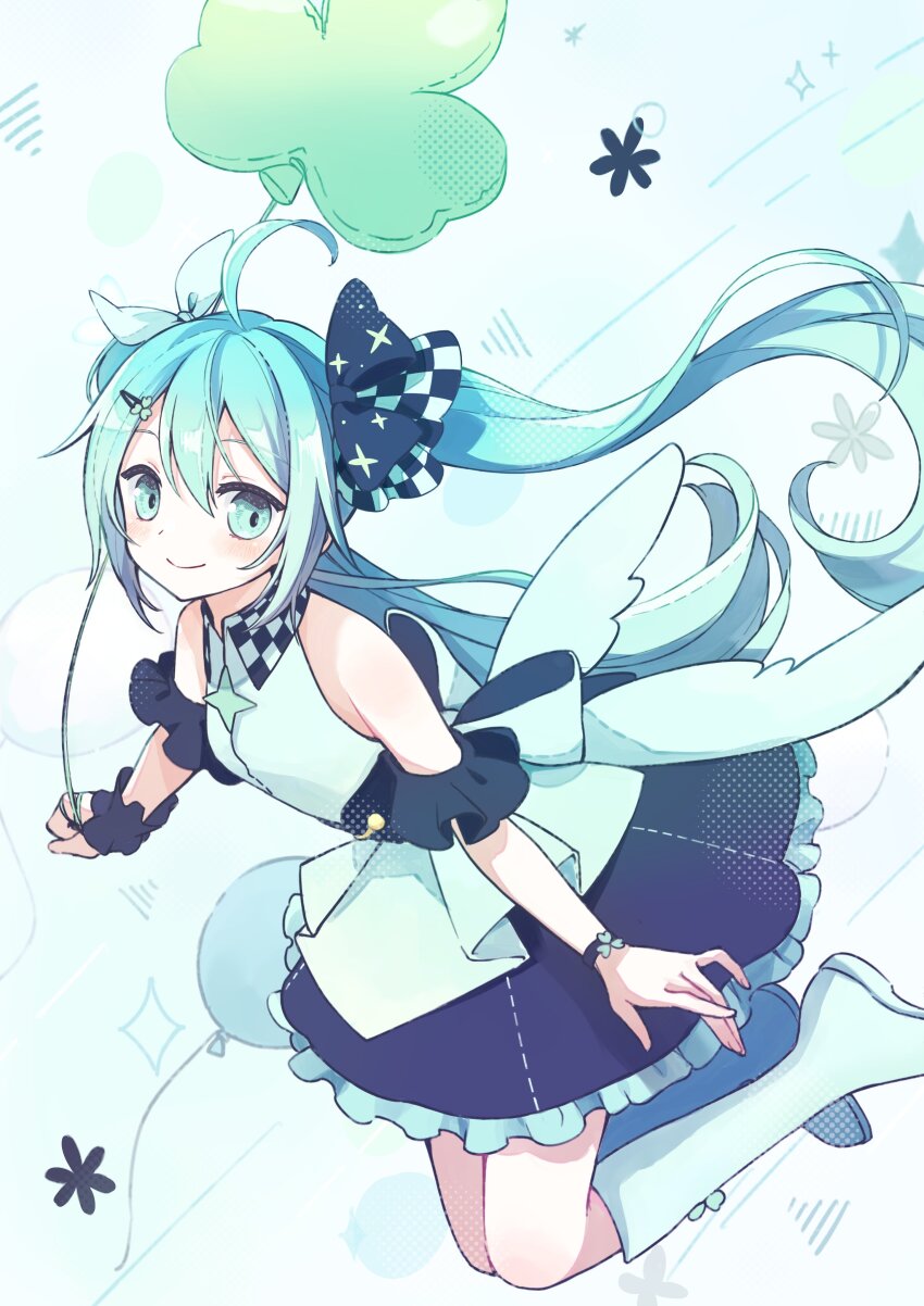 1girl absurdres ahoge ai_no_material_(vocaloid) back_bow balloon blue_eyes blue_hair boots bow bracelet hatsune_miku highres jewelry looking_at_viewer more_more_jump!_miku nagitofuu project_sekai smile solo vocaloid white_boots white_bow