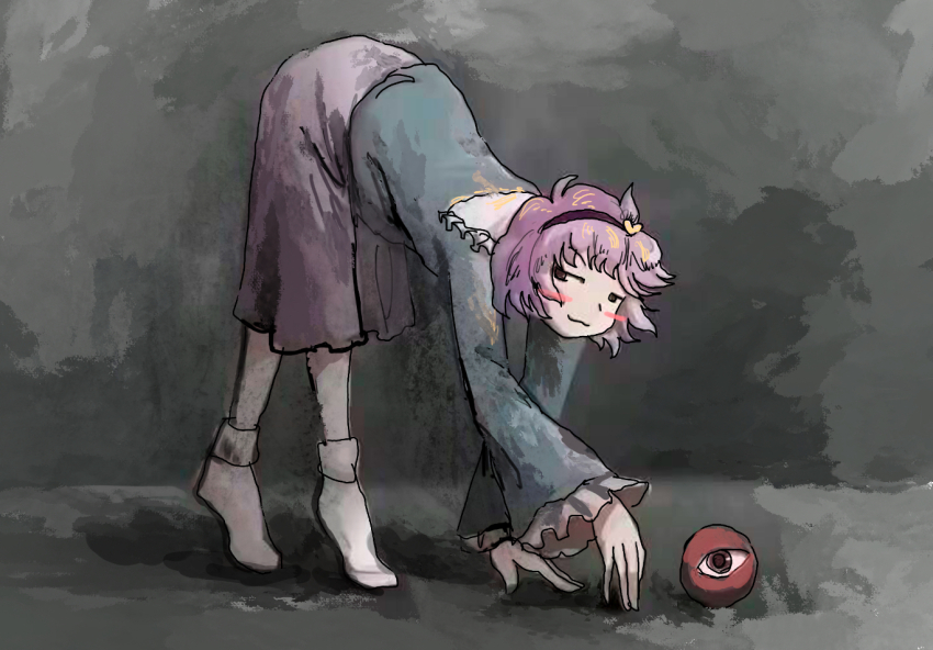 1girl all_fours bent_over blue_shirt eyeball frilled_sleeves frills hair_ornament hairband heart heart_hair_ornament komeiji_satori pink_hair pink_skirt shirt skirt smug socks third_eye touhou what white_socks zhuxie1264852 zun_(style)