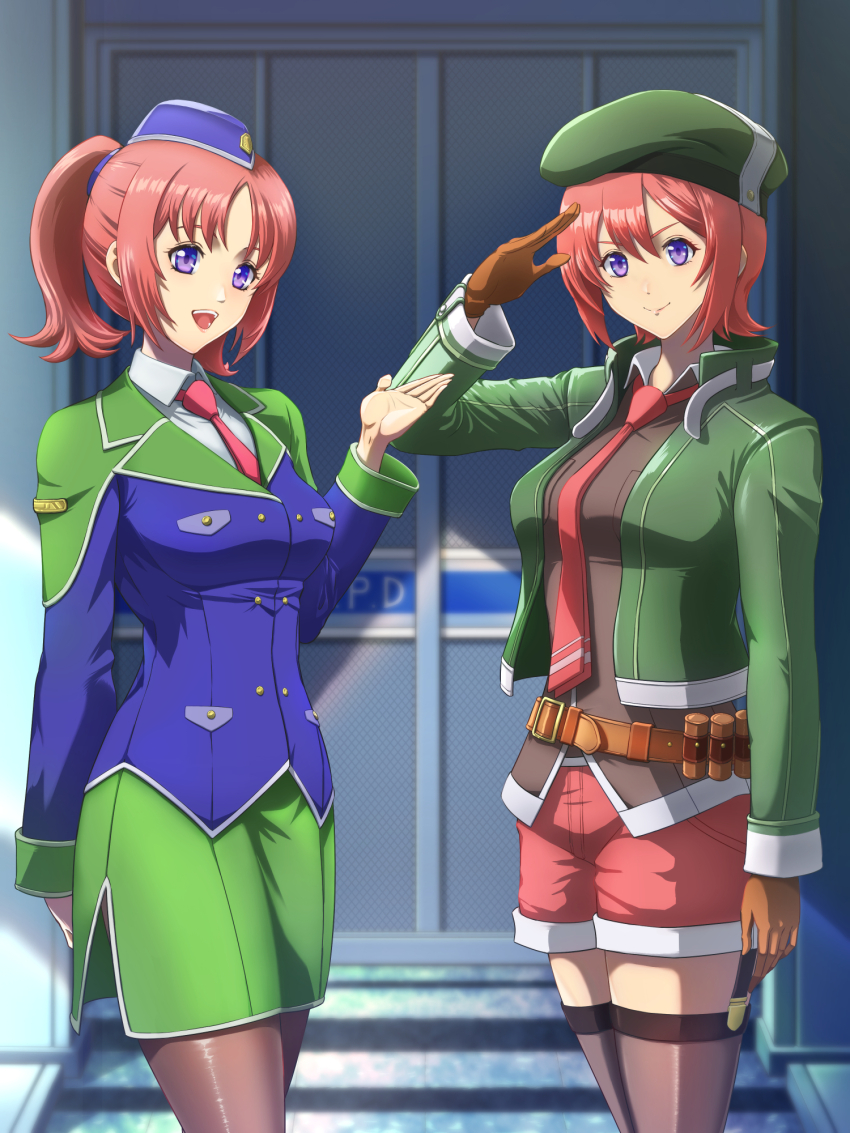 2girls ao_no_kiseki belt beret breasts brown_gloves chiga_akira cropped_jacket double-parted_bangs eiyuu_densetsu fran_seeker gloves hair_between_eyes hat highres looking_at_viewer medium_breasts mini_hat multiple_girls necktie noel_seeker outdoors pantyhose pink_hair purple_eyes salute shorts siblings skirt sliding_doors smile thighhighs twintails zero_no_kiseki