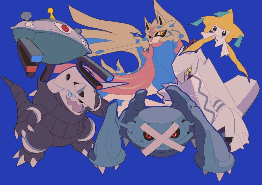 aggron blue_background blue_sclera colored_sclera duraludon fangs full_body gen_3_pokemon gen_4_pokemon gen_8_pokemon highres jirachi legendary_pokemon magnet magnezone metagross mythical_pokemon nintendo no_humans open_mouth pokemon pokemon_(creature) simple_background sword v_(govvvvw) weapon yellow_sclera zacian