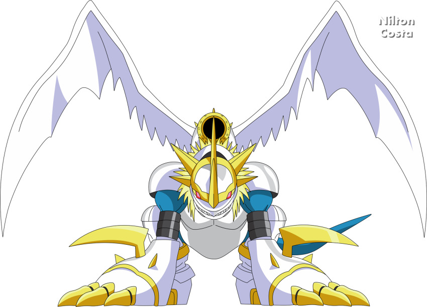 cannon digimon digimon_(creature) highres imperialdramon imperialdramon_dragon_mode imperialdramon_paladin_mode red_eyes solo tail transparent_background wings