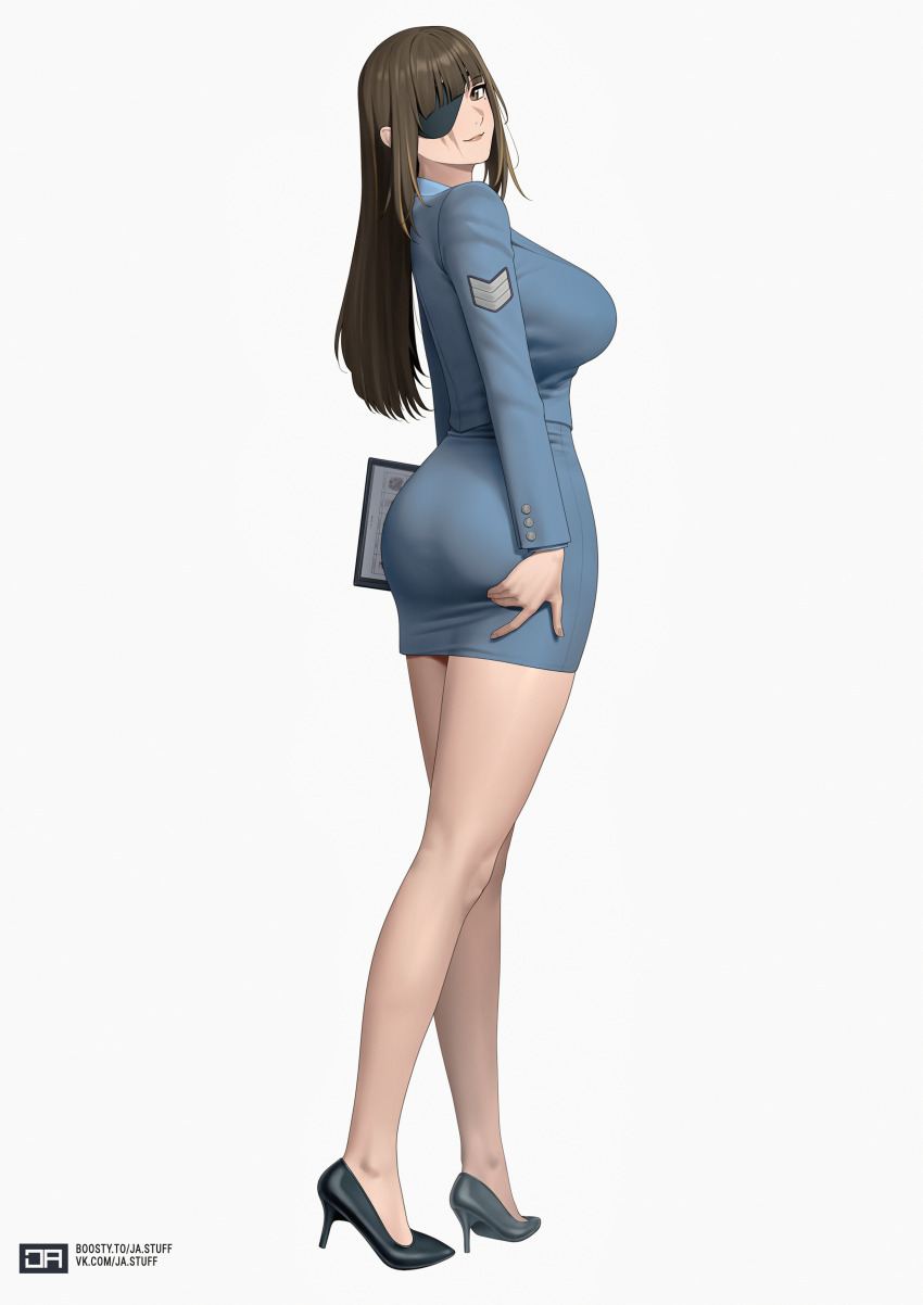 1girl absurdres artist_logo bare_legs black_shoes blonde_hair blue_jacket blue_skirt boosty_username breasts brown_eyes brown_hair clipboard command_&amp;_conquer command_&amp;_conquer:_red_alert command_&amp;_conquer:_red_alert_3 commentary cosplay english_commentary eva_mckenna eva_mckenna_(cosplay) full_body girls&#039;_frontline hand_on_own_ass high_heels highres holding holding_clipboard invisible_floor j_adsen jacket large_breasts logo looking_at_viewer m16a1_(girls&#039;_frontline) mixed-language_commentary multicolored_hair russian_commentary scar scar_across_eye scar_on_face shoes simple_background skirt smile solo standing streaked_hair textless_version vk_username white_mouth