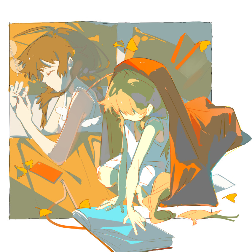 1girl absurdres bare_arms bare_shoulders blanket border brown_hair cellphone chinese_commentary chuanze_yu closed_eyes closed_mouth commentary_request dress eyelashes faceless faceless_female ginkgo_leaf hair_half_over_shoulder highres kneeling leaf long_hair lying multiple_views nightgown on_bed on_side outside_border phone pillow reading short_dress sleeping sleeveless sleeveless_dress smartphone under_covers vocaloid vsinger_(vocaloid) white_border white_dress white_nightgown yuezheng_ling