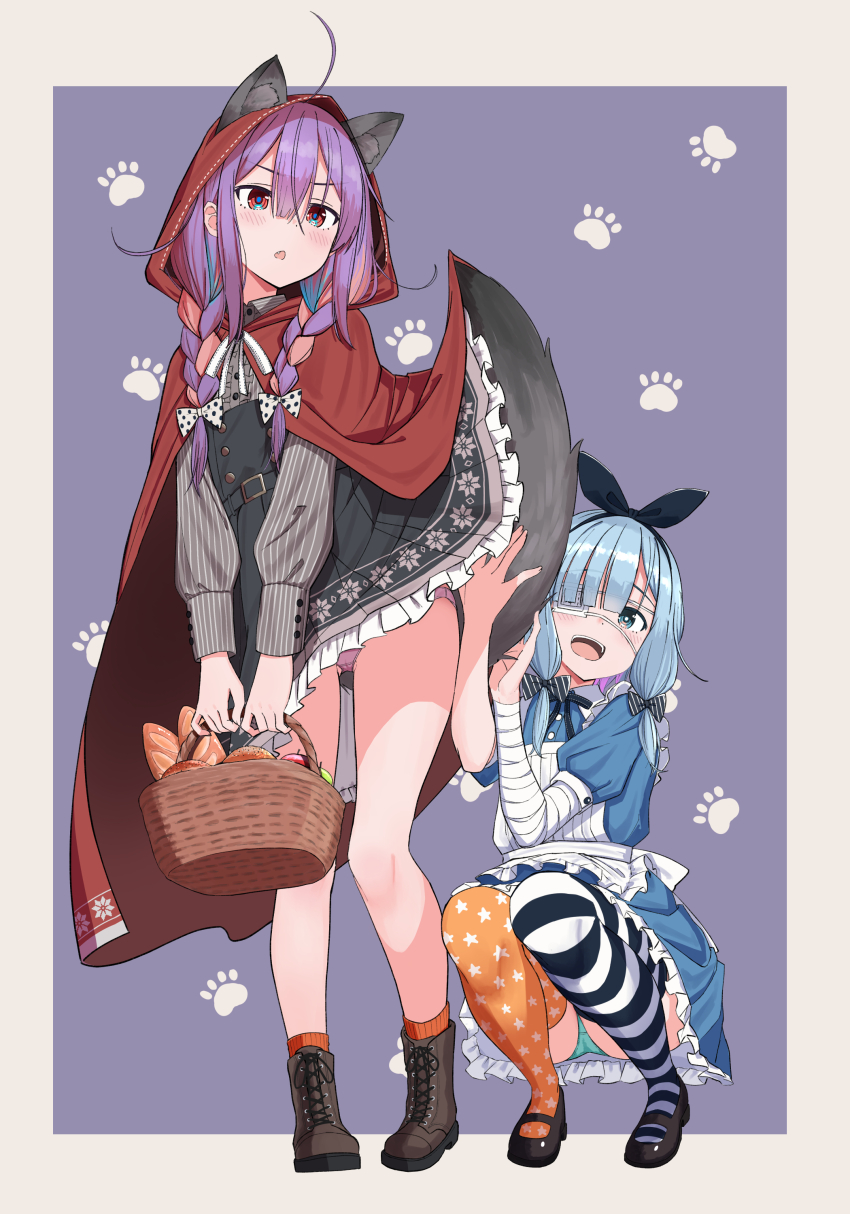 absurdres alice&#039;s_adventures_in_wonderland animal_ears basket blue_hair boots halloween halloween_costume highres holding holding_basket little_red_riding_hood_(fairy_tale) little_red_riding_hood_(fairy_tale_character) mismatched_socks purple_hair tail urushiushiru wolf_ears wolf_tail