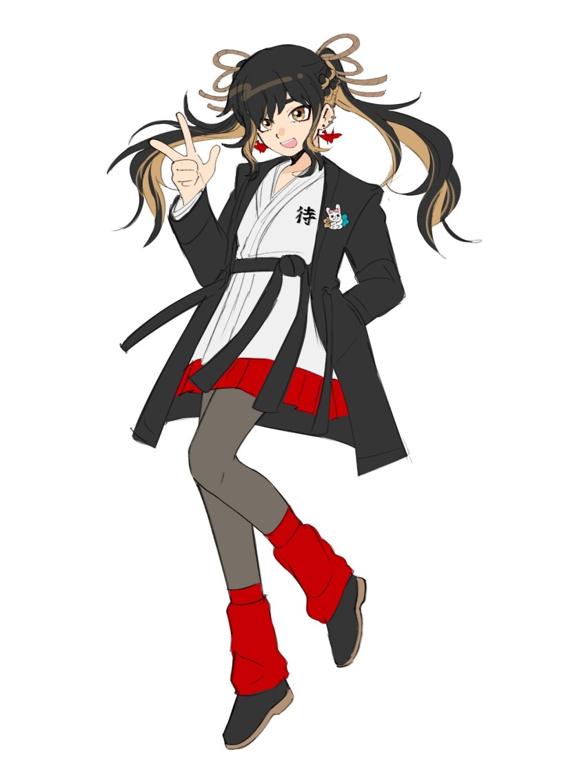 1girl black_hair blonde_hair bow earrings female_focus full_body hair_bow hand_up highres holy_jumonji_sword humanization japanese_clothes jewelry looking_at_viewer multicolored_hair simple_background solo solo_focus the_hundred_line_-last_defense_academy- twintails white_background yellow_eyes zero_(misamxsa08)