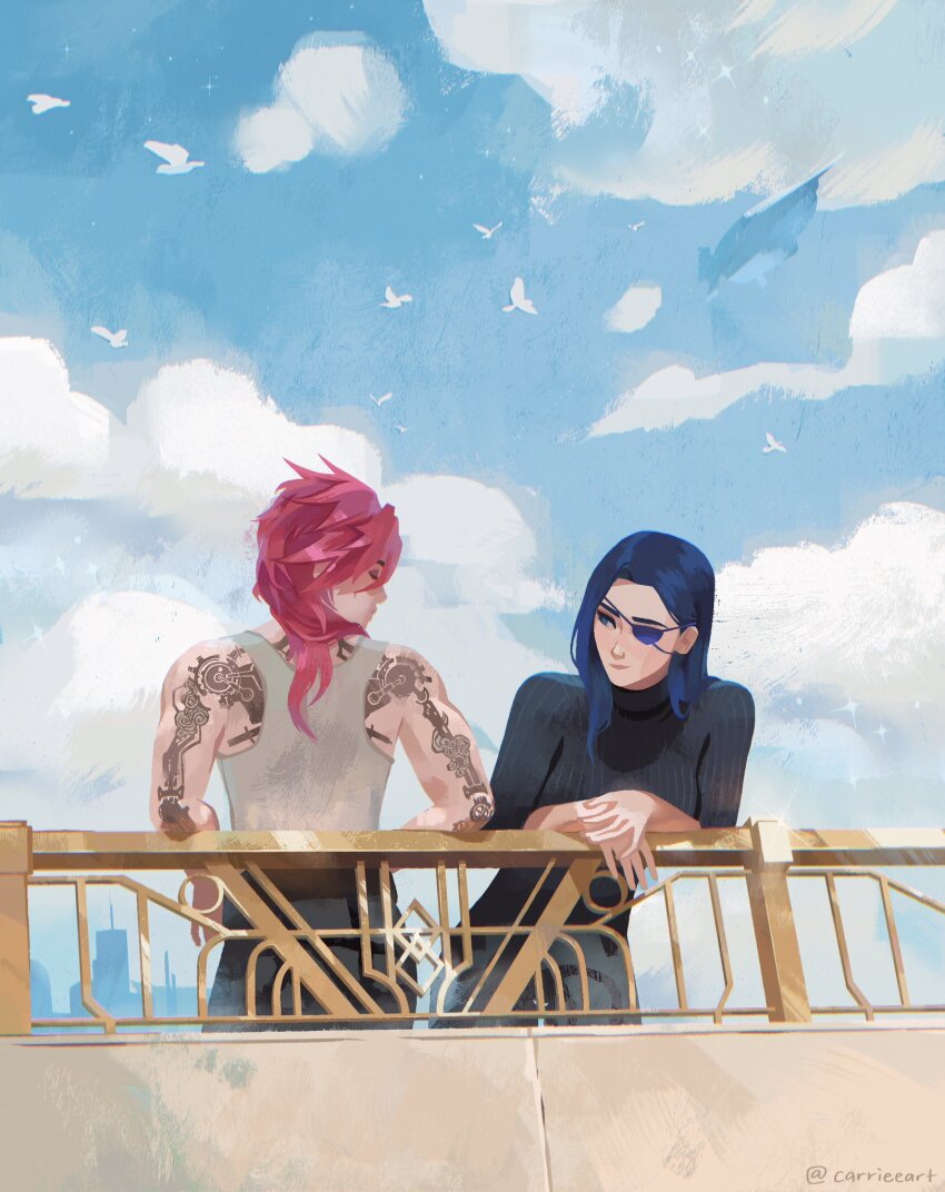 2girls against_railing aircraft airship arcane:_league_of_legends arcane_caitlyn arcane_jinx arm_tattoo back back_tattoo bird blue_hair blue_sky caitlyn_(league_of_legends) carrieeart cloud couple eyepatch highres jinx_(league_of_legends) league_of_legends leaning_forward looking_at_another multiple_girls pink_hair railing sky smile tank_top tattoo turtleneck yuri
