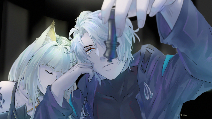 1boy 1girl animal_ears arknights artist_name black_shirt blue_eyes cat_ears cat_girl chess_piece cloak closed_eyes dark_background doctor_(arknights) head_on_another&#039;s_shoulder highres holding kal&#039;tsit_(arknights) male_doctor_(arknights) medium_hair open_cloak open_clothes shirokaza shirt upper_body white_hair