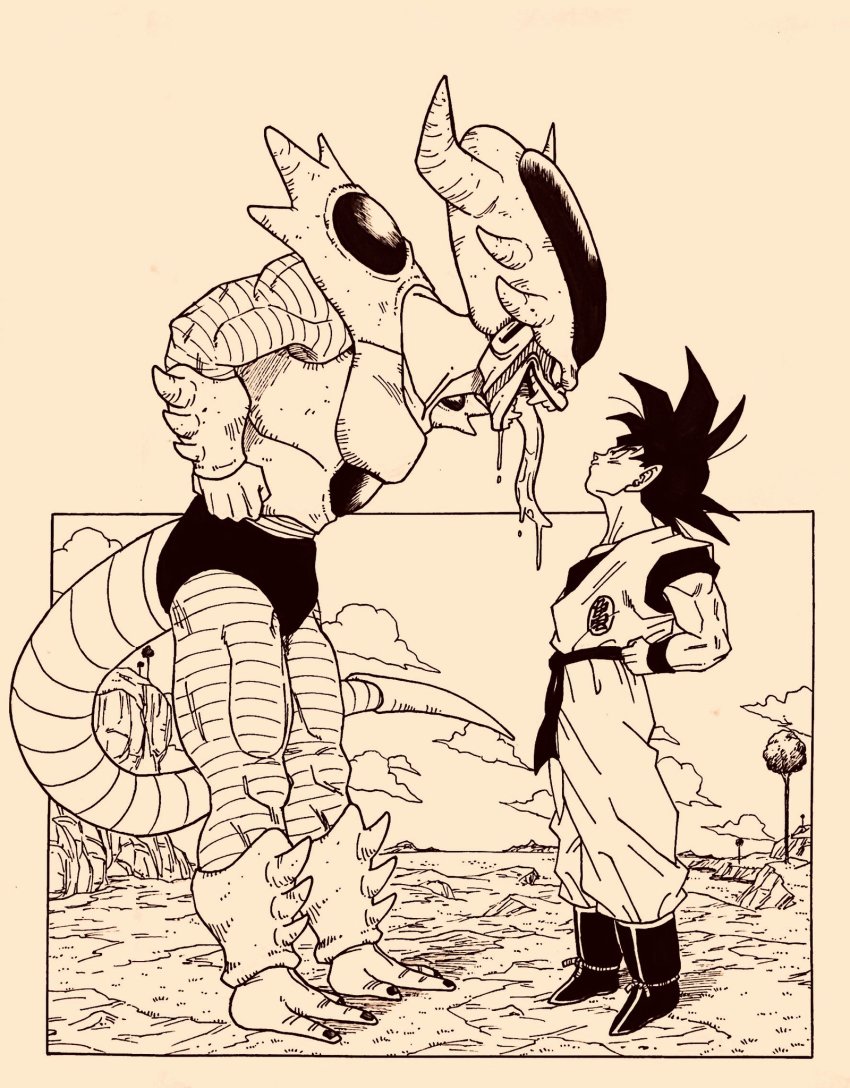 2boys 3rd_form_frieza cloud dougi dragon_ball dragonball_z eye_contact frieza hands_on_own_hips height_difference highres lee_(dragon_garou) long_tongue looking_at_another male_focus monochrome multiple_boys muscular parody saliva son_goku spikes tail tongue tongue_out tree wristband