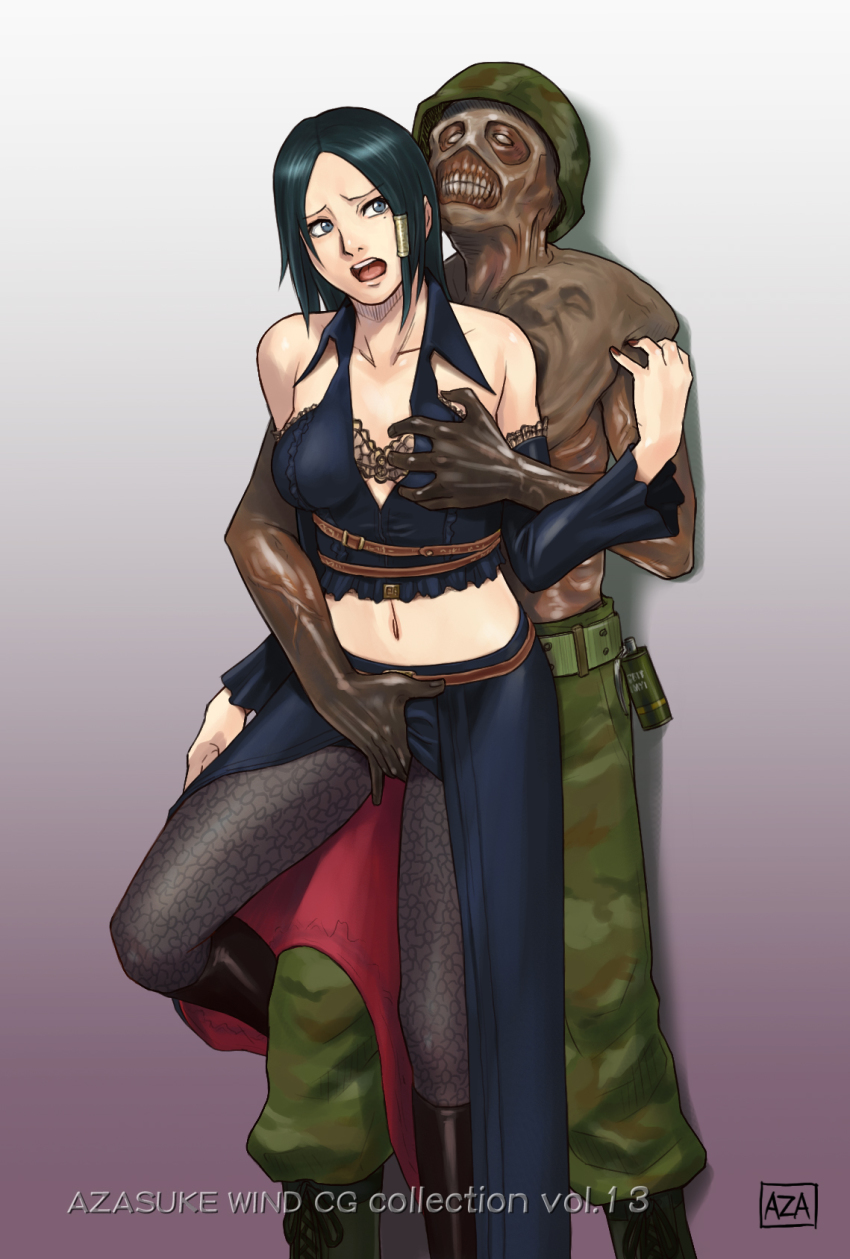 1girl alicia_(bullet_witch) aq_interactive azasuke bare_shoulders black_hair blue_eyes boots breasts bullet_witch cavia clenched_teeth explosive fingering grabbing_another&#039;s_breast grenade groping hat highres legs looking_up midriff military military_uniform mole monster monster_sex navel open_mouth pantyhose rape short_hair simple_background standing teeth thighs zombie