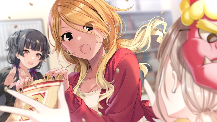 black_eyes black_hair blonde_hair breasts brown_hair cleavage dark-skinned_female dark_skin earrings game_cg grey_hair highres idolmaster idolmaster_shiny_colors idolmaster_shiny_colors_song_for_prism izumi_mei jewelry mask mask_on_head mayuzumi_fuyuko nail_polish official_art open_mouth orange_eyes serizawa_asahi