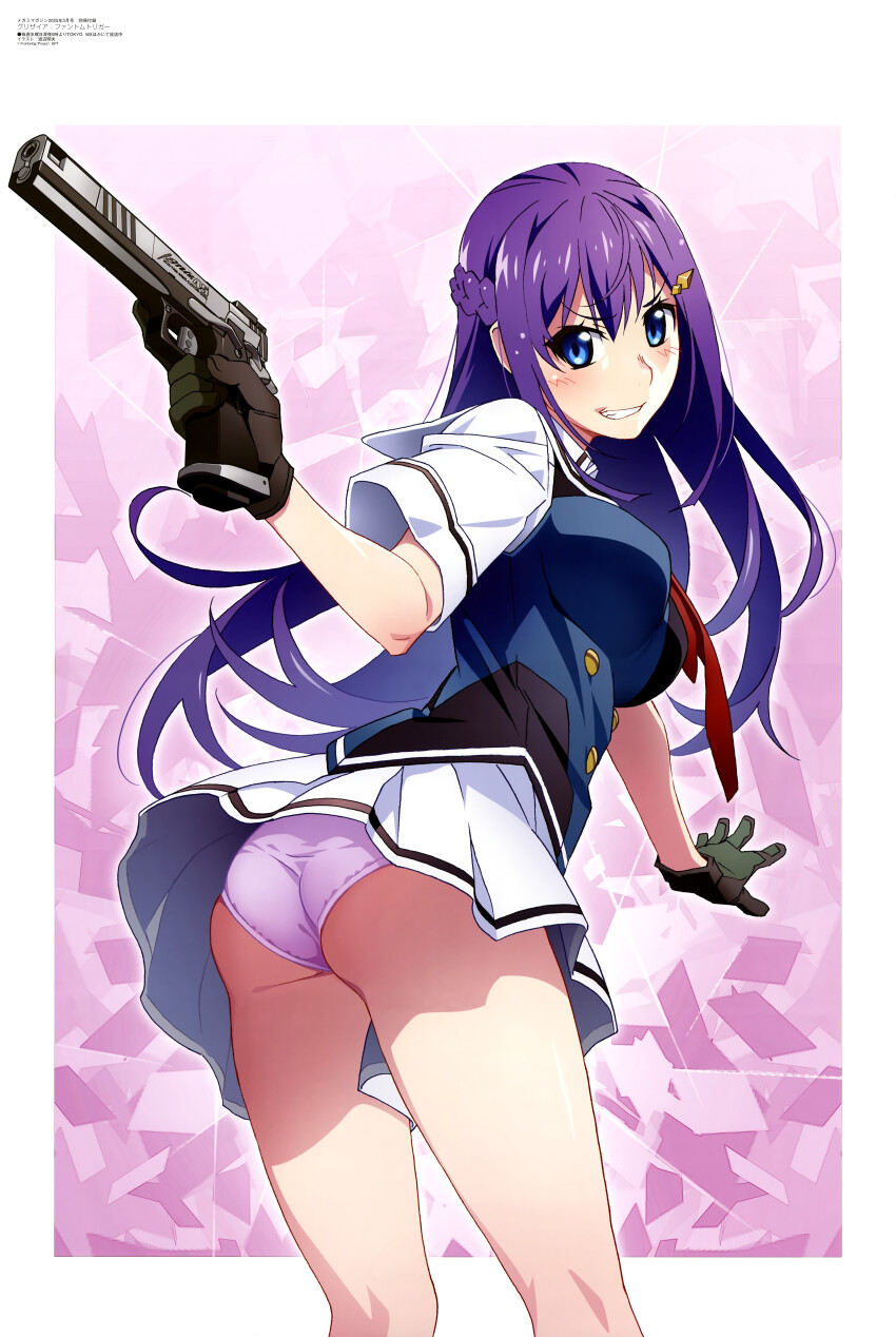1girl absurdres ass blue_eyes clothes_lift fukami_rena gloves grin grisaia_(series) grisaia_phantom_trigger gun highres long_hair looking_at_viewer magazine_scan megami_magazine official_art panties pink_panties purple_hair scan school_uniform skirt skirt_lift smile thighs underwear watanabe_akio weapon wedgie