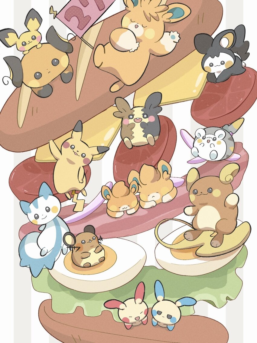 :&lt; :3 :d ^_^ alolan_form alolan_raichu bacon black_eyes blush blush_stickers bread bright_pupils buck_teeth cheese closed_eyes closed_mouth commentary_request dedenne emolga evolutionary_line food frown gen_1_pokemon gen_2_pokemon gen_3_pokemon gen_4_pokemon gen_5_pokemon gen_6_pokemon gen_7_pokemon gen_8_pokemon grey_background hand_up hardboiled_egg highres jitome lettuce looking_at_viewer looking_back meat minun morpeko morpeko_(full) nintendo no_humans open_mouth pachirisu pawmi pawmo pawmot pichu pikachu plusle pokemon pokemon_(creature) raichu sandwich simple_background sitting smile striped_background submarine_sandwich sumi_fms teeth togedemaru tomato tomato_slice u_u upper_teeth_only white_background white_pupils