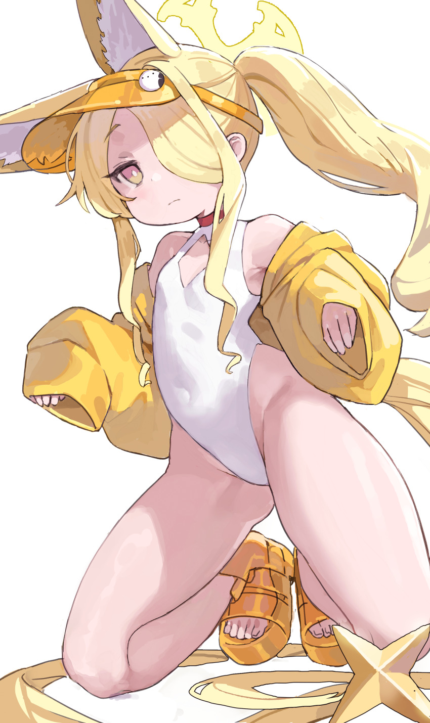 1girl absurdres animal_ear_fluff animal_ears bare_legs bare_shoulders blonde_hair blue_archive breasts bright_pupils closed_mouth clothing_cutout collarbone commentary covered_navel cross_halo diamond_cutout dot_nose extra_ears feet flat_chest fox_ears fox_girl fox_tail hair_over_one_eye halo hands_up highleg highleg_one-piece_swimsuit highres jacket kkaebing kneeling loli long_hair long_sidelocks long_sleeves no_eyewear off_shoulder official_alternate_costume official_alternate_hairstyle one-piece_swimsuit one_eye_covered open-toe_shoes open_clothes open_jacket orange_eyes sash seia_(blue_archive) seia_(swimsuit)_(blue_archive) shoes side_ponytail sidelocks simple_background sleeves_past_wrists small_breasts solo star_ornament swimsuit tail tail_ornament thighs toenails toes very_long_hair very_long_tail visor_cap white_background white_one-piece_swimsuit white_pupils yellow_halo yellow_jacket yellow_sash yellow_shoes yellow_visor
