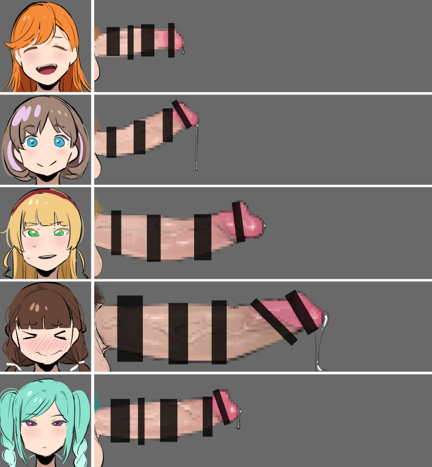 &gt;_&lt; 5futa bar_censor blonde_hair blush braid brown_hair censored chart closed_eyes closed_mouth erection expressionless futanari green_hair grey_background grey_hair hairband heanna_sumire highres huge_penis large_penis long_hair looking_at_viewer love_live! love_live!_superstar!! medium_penis mosaic_censoring multiple_futa no_nose okpriko onitsuka_tomari open_mouth orange_hair penis penis_chart penis_comparison penis_size_difference pubic_hair sakurakoji_kinako shibuya_kanon short_hair simple_background smile sweat sweatdrop tang_keke testicles transparent_censoring twin_braids twintails veins veiny_penis wavy_mouth