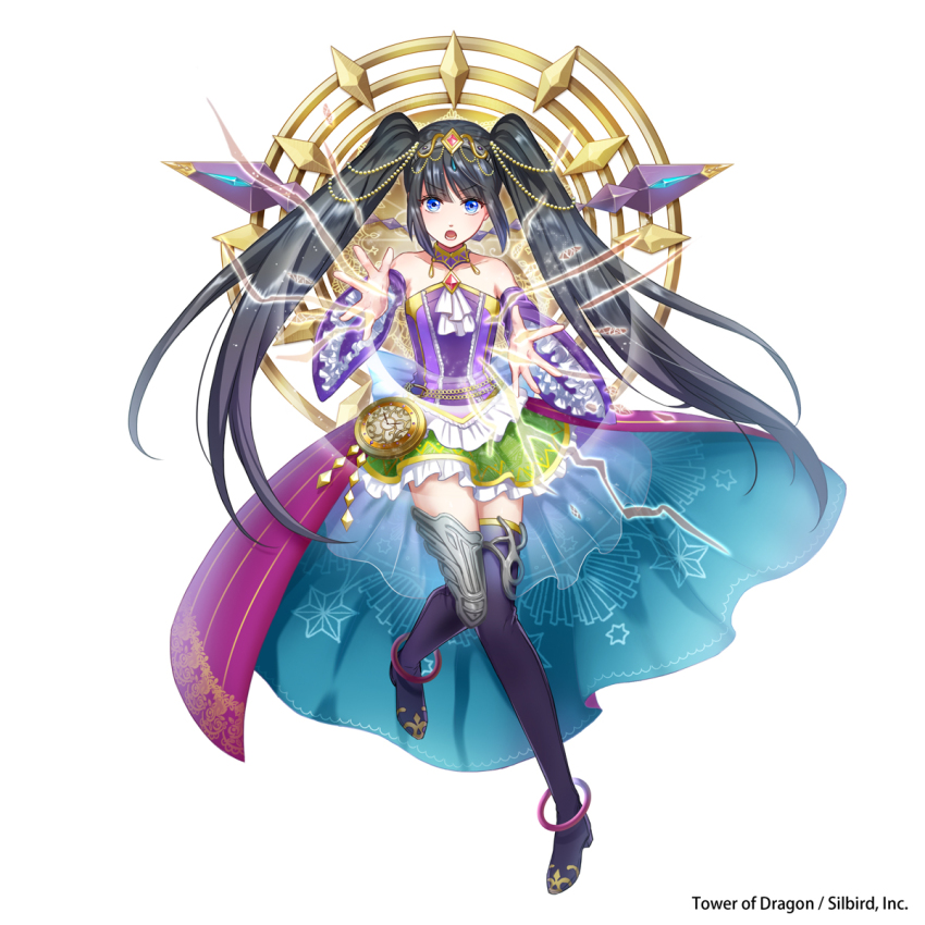 1girl :o anklet bare_shoulders black_hair black_thighhighs blue_eyes clock copyright_name detached_sleeves dress female_focus full_body green_skirt hair_ornament highres jewelry long_hair official_art purple_dress simple_background skirt solo standing standing_on_one_leg thighhighs tower_of_dragon twintails yamabuki_kanon