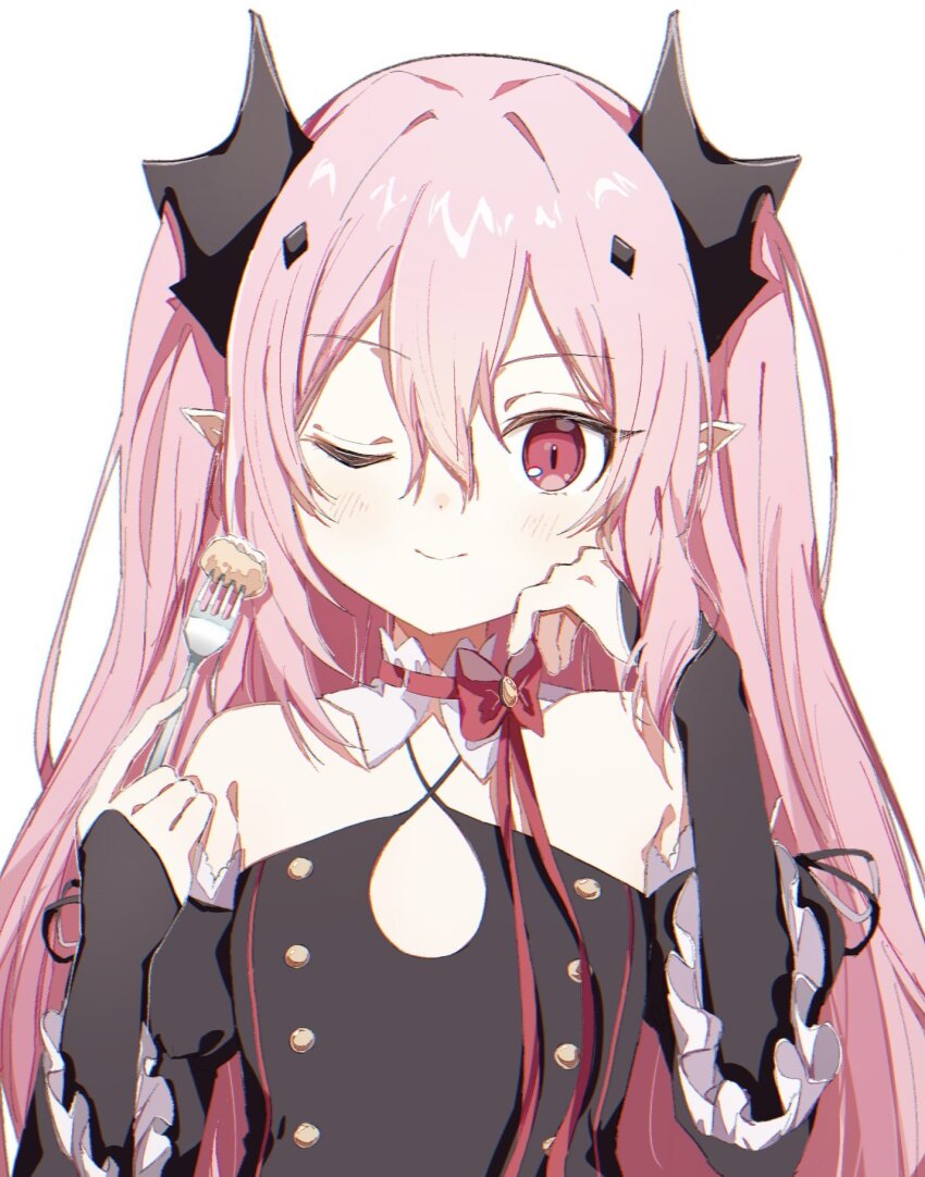 1girl ;) bare_shoulders black_dress black_sleeves blush closed_mouth criss-cross_halter detached_sleeves dress food fork hair_between_eyes hair_ornament halter_dress halterneck hand_on_own_face hands_up highres holding holding_fork krul_tepes long_hair long_sleeves looking_at_viewer one_eye_closed owari_no_seraph pink_hair pointy_ears red_eyes ribbon simple_background smile solo tobun_sub two_side_up upper_body white_background