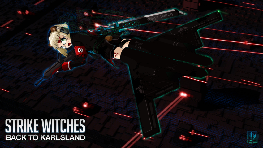 aircraft airplane aki003 animal_ears b-2_spirit battlefield_(series) battlefield_3 blonde_hair bomber flying_wing green_eyes gun heavy_bomber highres machine_gun military military_vehicle neuroi penetrator_(aircraft) stealth stealth_aircraft stealth_bomber strategic_bomber strike_unit strike_witches sword weapon world_witches_series