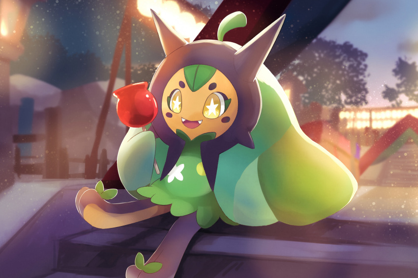 +_+ 1other candy_apple fangs food highres holding holding_candy_apple nintendo ogerpon ogerpon_(teal_mask) open_mouth other_focus outdoors pokemon pokemon_(creature) sitting smile toneko yellow_eyes