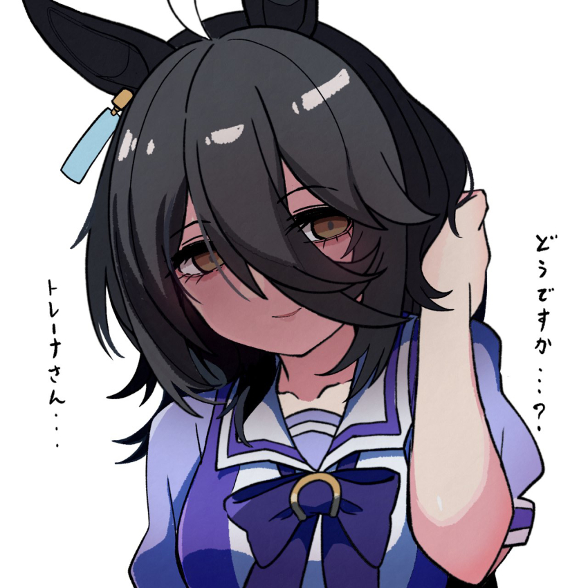 1girl adjusting_hair ahoge alternate_hair_length alternate_hairstyle animal_ears bow bowtie breasts brown_eyes collarbone ear_tag earrings hair_between_eyes hand_in_own_hair highres horse_ears horse_girl jewelry kawamochi_(tddm3573) long_bangs long_hair_between_eyes looking_at_another manhattan_cafe_(umamusume) medium_breasts medium_hair parted_lips puffy_short_sleeves puffy_sleeves purple_bow purple_bowtie purple_shirt sailor_collar school_uniform shirt short_sleeves simple_background single_earring smile solo tracen_school_uniform translation_request umamusume white_background white_sailor_collar