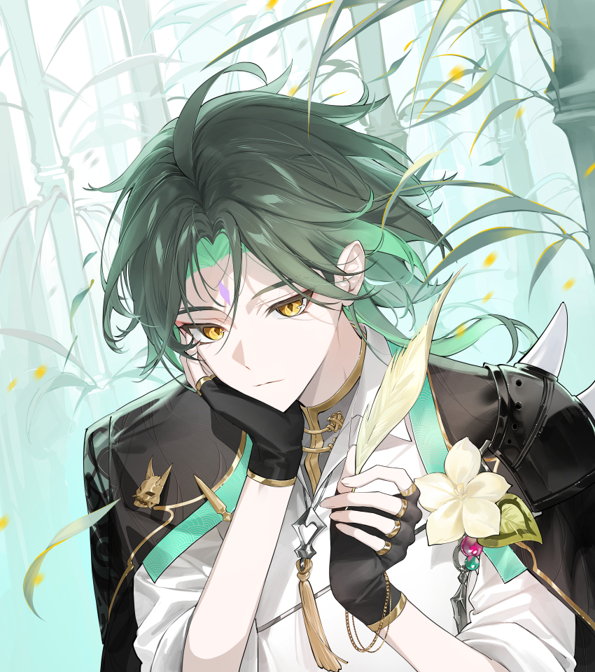 1boy absurdres alternate_costume black_gloves black_hair black_jacket chinese_clothes closed_mouth commentary facial_mark feathers fingerless_gloves forehead_mark genshin_impact gloves green_hair highres holding holding_feather jacket kkopoli long_hair male_focus multicolored_hair shirt short_hair solo streaked_hair tassel white_shirt xiao_(genshin_impact) yellow_eyes