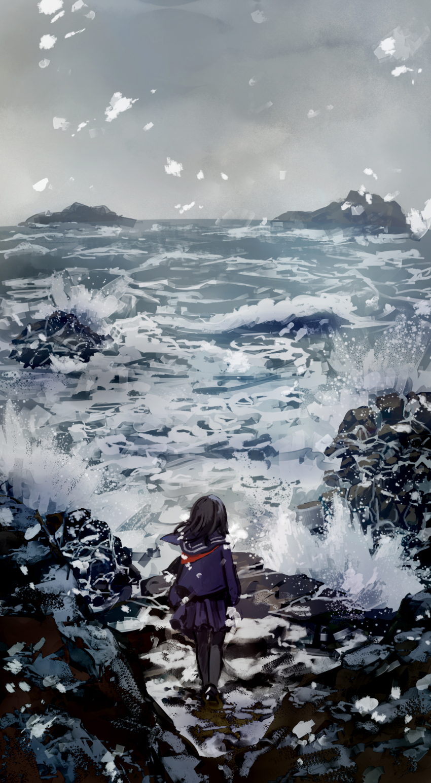 1girl 23el black_hair black_shoes black_thighhighs blue_sailor_collar blue_serafuku blue_skirt cloud commentary_request facing_away from_behind full_body grey_sky highres loafers long_hair long_sleeves neckerchief ocean original outdoors overcast pleated_skirt red_neckerchief sailor_collar scenery school_uniform serafuku shoes skirt sky solo stone thighhighs walking waves wide_shot
