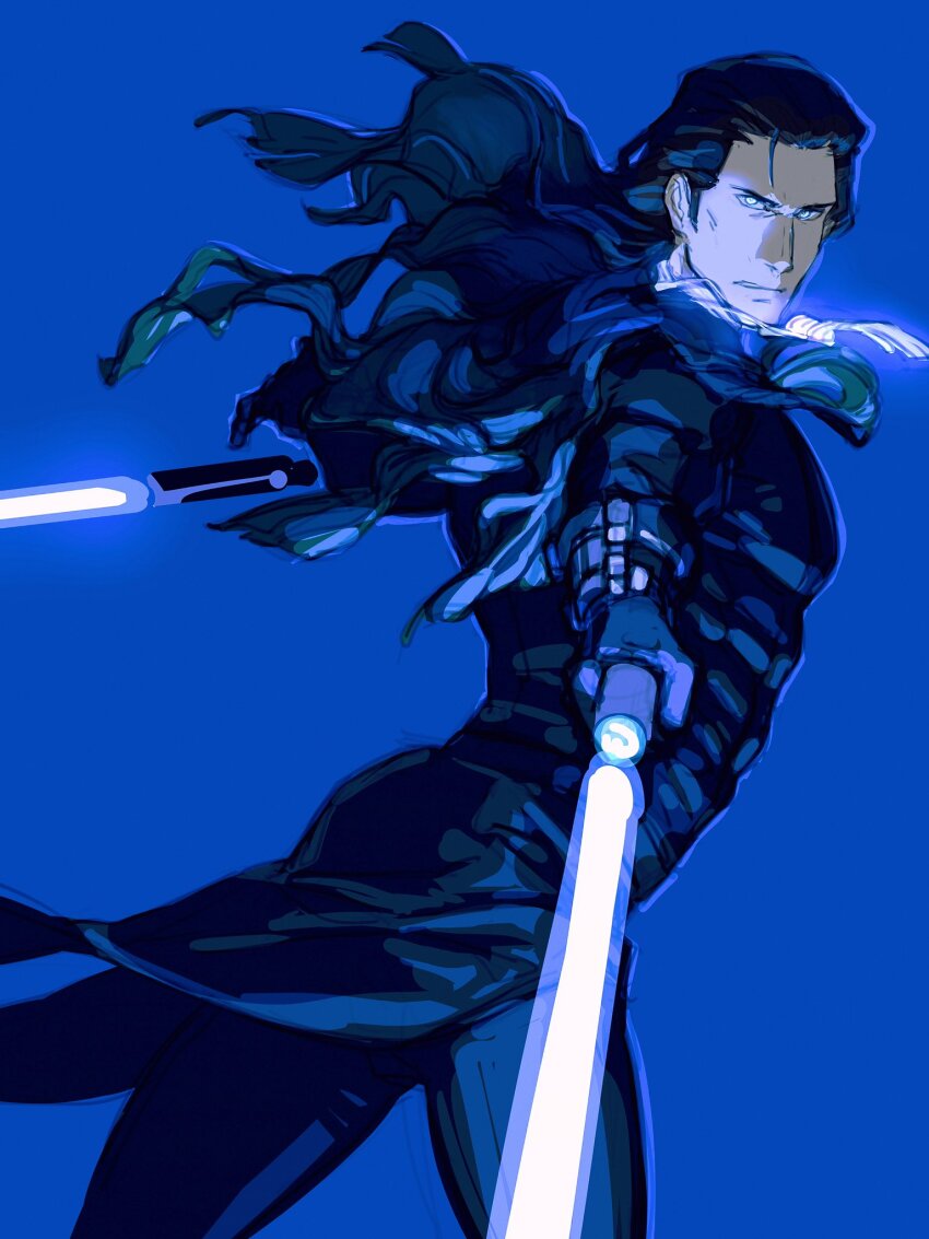 1boy black_bodysuit black_hair blue_background blue_eyes bodysuit cowboy_shot energy_sword fate/grand_order fate_(series) highres holding holding_sword holding_weapon lightsaber long_hair looking_at_viewer male_focus nikola_tesla_(fate) simple_background solo star_wars sword viscontiapclyps weapon