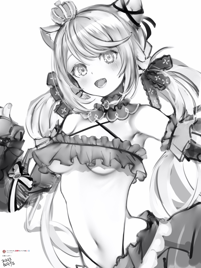 1girl absurdres animal_ears blush bow breasts cat_ears criss-cross_halter crown dated detached_collar detached_sleeves ear_ribbon frilled_bandeau frills hair_bow halterneck highres ina_uruu long_hair looking_at_viewer low_twintails medium_breasts midriff mini_crown nanashi_(nlo) nanashi_inc. navel open_mouth simple_background smile solo twintails underboob upper_body virtual_youtuber