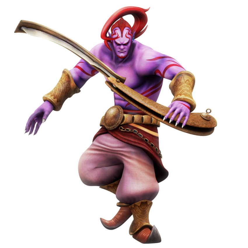 1boy abs antenna_hair arabian_clothes bracelet earrings erazor_djinn evil_smile fangs fighting_stance full_body genie glowing glowing_eyes grin highres holding holding_sword holding_weapon jewelry looking_at_viewer muscular nibroc_rock_(artist) pants pointy_ears red_eyes red_hair ring sega smile sonic_(series) sonic_and_the_secret_rings sword tattoo weapon
