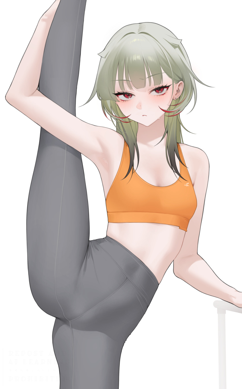 1girl armpits azur_lane bare_shoulders blush breasts cameltoe covered_navel flexible giuseppe_garibaldi_(azur_lane) green_hair grey_pants gymnastics hand_on_own_leg high-waist_pants highres holding_own_leg leg_lift leg_up long_hair looking_at_viewer multicolored_hair ohisashiburi orange_sports_bra pants red_eyes red_hair solo split sports_bra standing standing_on_one_leg standing_split streaked_hair sweat yoga_pants