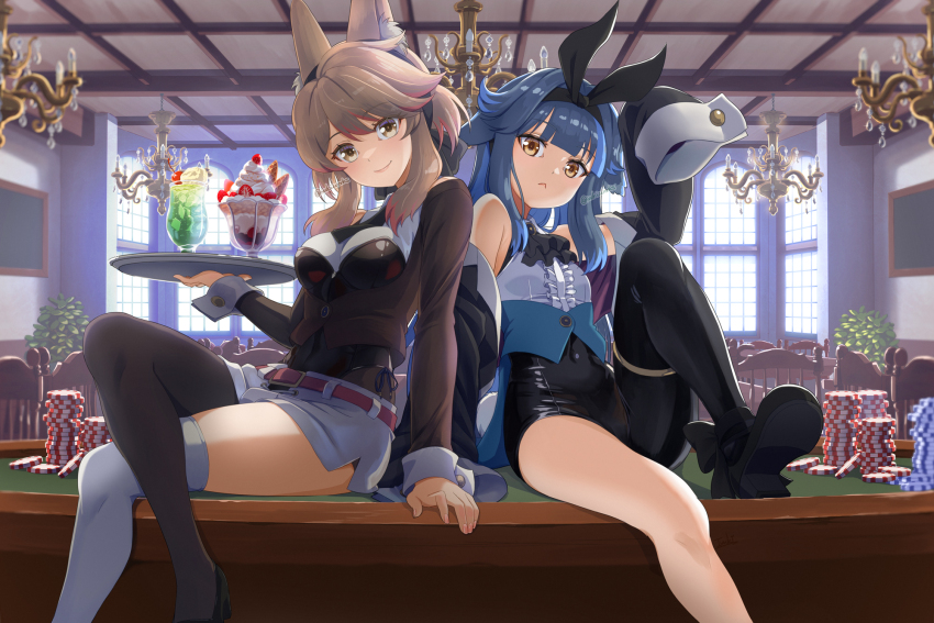 2girls animal_ears ascot asymmetrical_legwear black_ascot black_jacket black_leotard black_necktie black_pantyhose blue_hair breasts brown_hair casino chair chandelier commentary_request covered_navel cowboy_shot crossed_legs day fake_animal_ears food fox_ears frown highres holding holding_tray ice_cream ice_cream_float ivuki jacket leotard looking_at_viewer medium_breasts medium_hair miniskirt multiple_girls necktie off_shoulder on_table open_clothes open_jacket original oversized_clothes pantyhose pink_nails poker_chip poker_table rabbit_ears sitting skirt small_breasts smile sundae sunlight table thighhighs tray white_skirt white_thighhighs window yellow_eyes