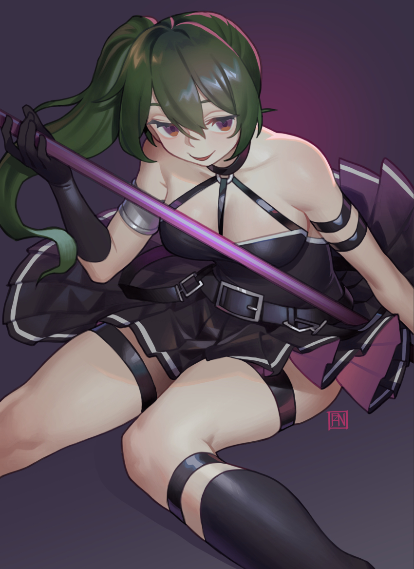 1girl :d absurdres bare_shoulders belt black_dress black_gloves black_socks breasts dress gloves green_hair hair_between_eyes highres holding holding_weapon kneehighs open_mouth poch4n purple_eyes side_ponytail smile socks solo sousou_no_frieren thigh_strap ubel_(sousou_no_frieren) weapon