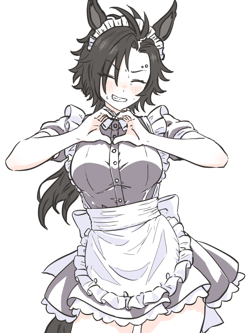1girl absurdres air_shakur_(umamusume) alternate_costume animal_ears apron back_bow black_hair blush bow breasts closed_eyes commentary_request cowboy_shot dress ear_ornament ear_piercing enmaided eyebrow_piercing frilled_apron frilled_dress frills grey_dress grin highres horse_ears horse_girl horse_tail ichimisan long_hair maid maid_apron medium_breasts parted_bangs partial_commentary piercing puffy_short_sleeves puffy_sleeves short_sleeves simple_background smile solo tail umamusume very_long_hair waist_apron white_background white_bow