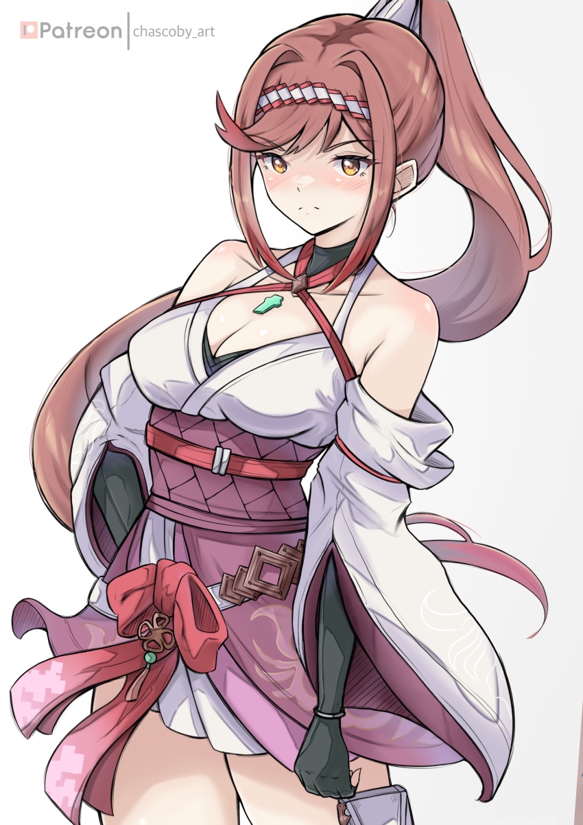 1girl absurdres artist_name black_gloves blush bow breasts brown_hair chascoby chest_jewel cleavage closed_mouth collarbone commentary_request core_crystal_(xenoblade) criss-cross_halter detached_sleeves elbow_gloves feet_out_of_frame fingerless_gloves flipped_bangs frown glimmer_(xenoblade) gloves gradient_background gradient_hair grey_background hair_intakes hairband halterneck high_ponytail highres japanese_clothes kimono large_breasts long_hair looking_at_viewer multicolored_hair obi obijime patreon_username pink_hair pink_kimono ponytail red_bow red_hair red_hairband sash short_kimono solo standing swept_bangs two-tone_hairband white_background white_hairband white_kimono wide_sleeves xenoblade_chronicles_(series) xenoblade_chronicles_3 xenoblade_chronicles_3:_future_redeemed yellow_eyes
